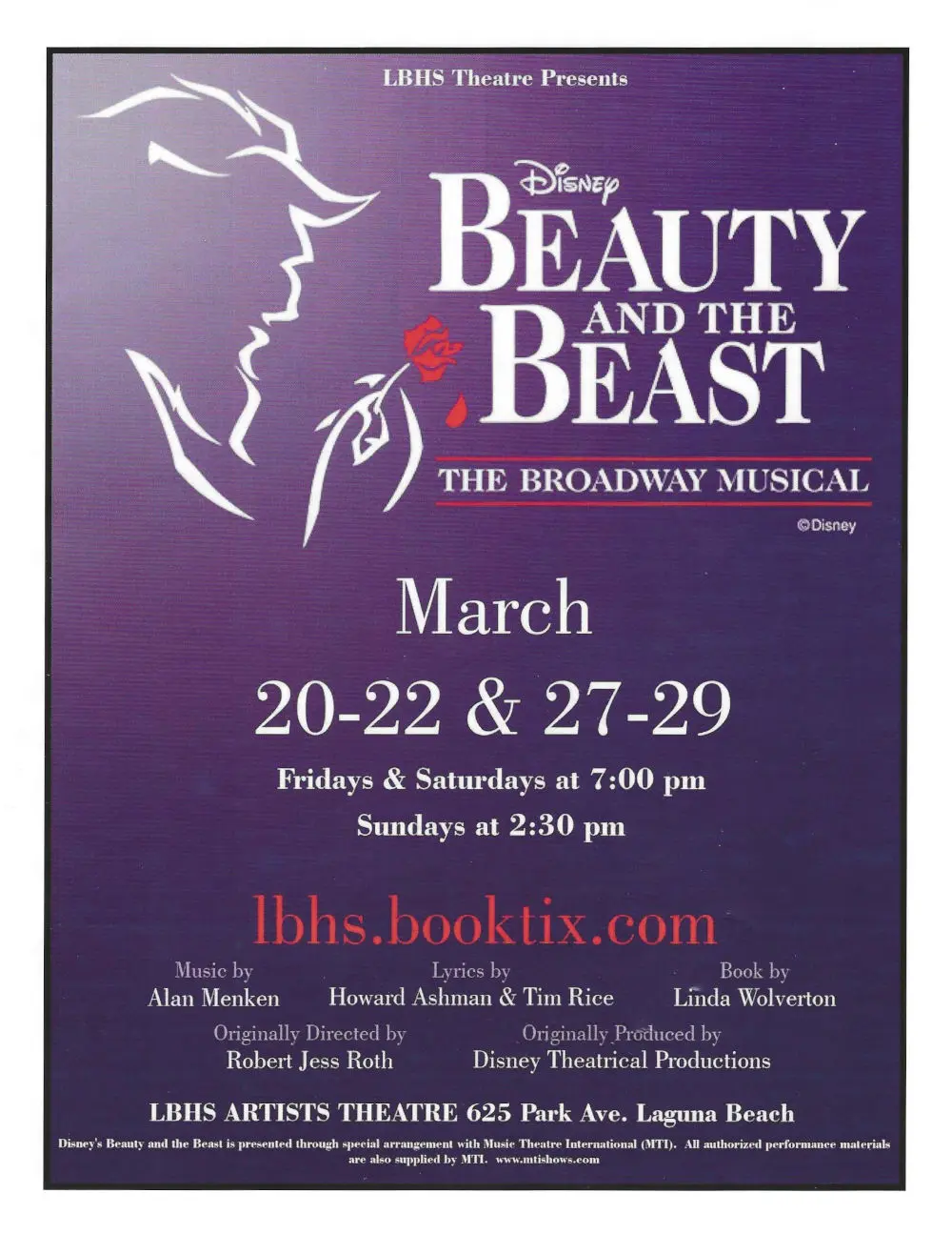 Flyer for Beauty and the Beast (2020) at Laguna Beach Artists' Theatre.