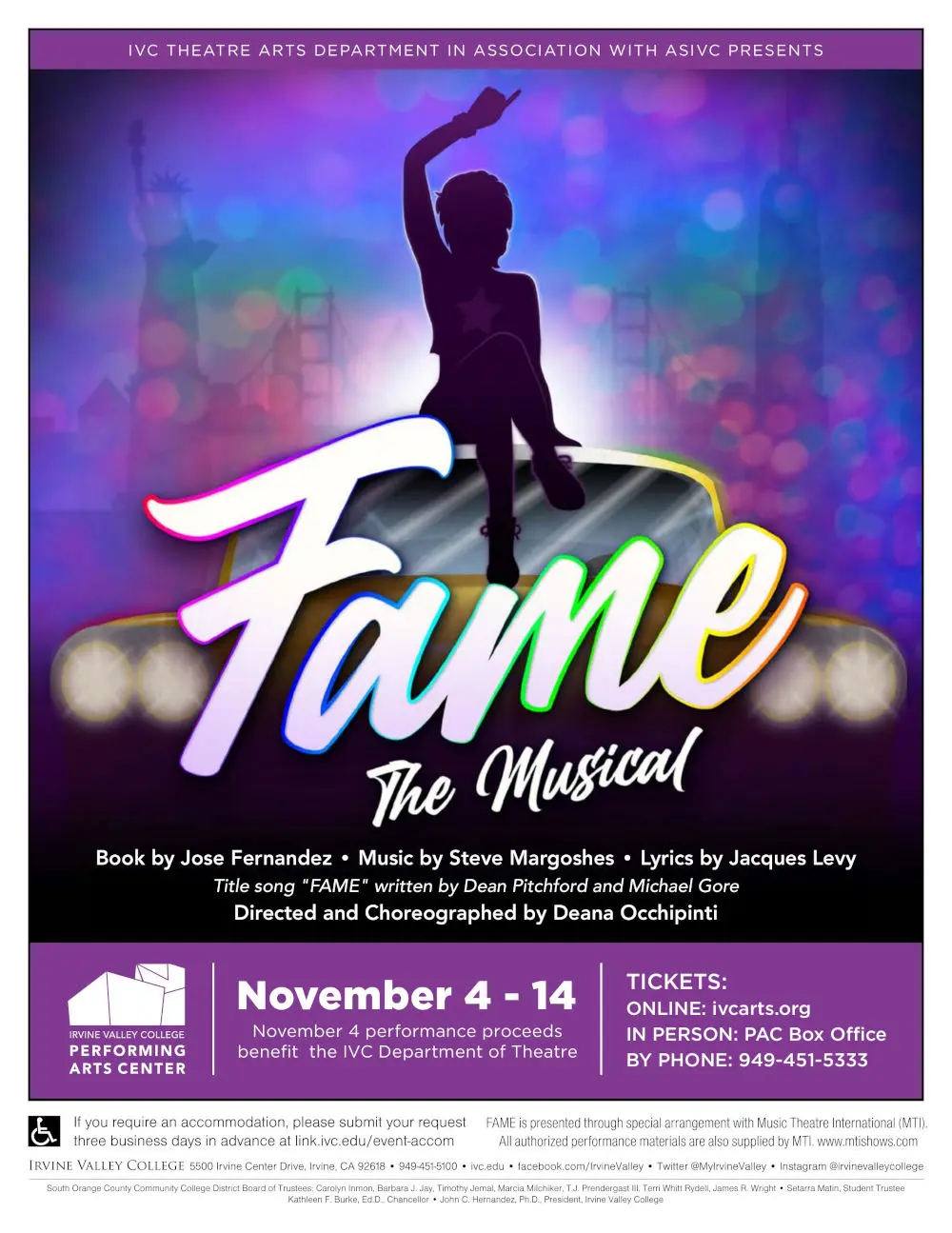 Flyer for Fame The Musical (2021) at Irvine Valley College Performing Arts Center.
