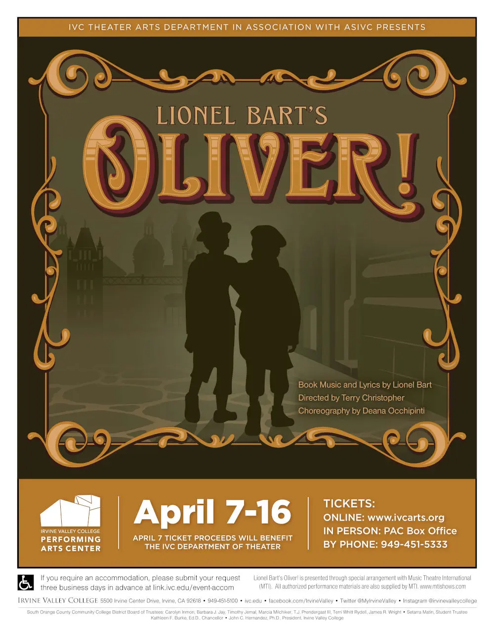 Flyer for Oliver! (2022) at Irvine Valley College Performing Arts Center.