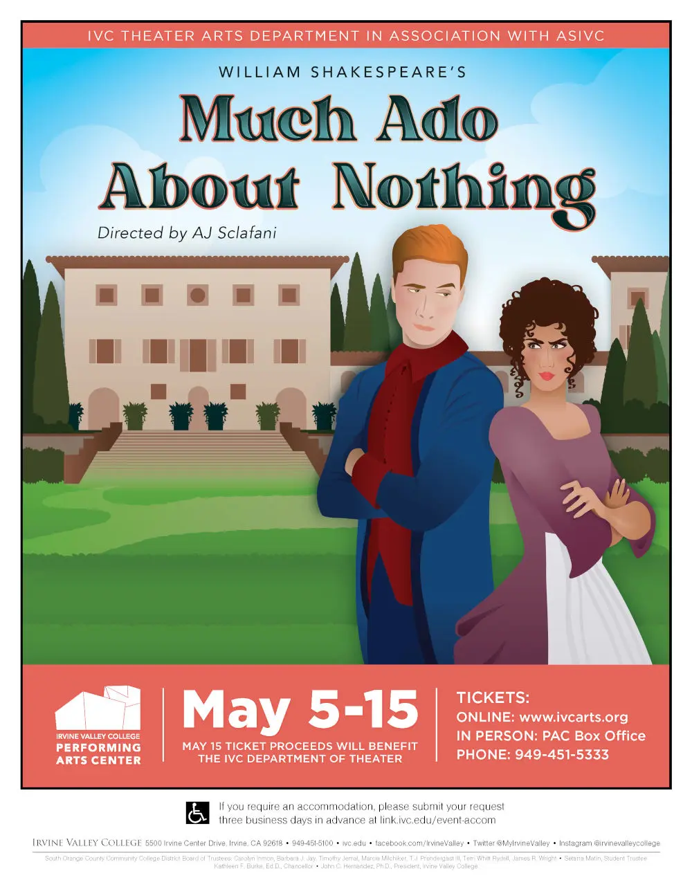 Flyer for Much Ado About Nothing (2022) at Irvine Valley College Performing Arts Center.