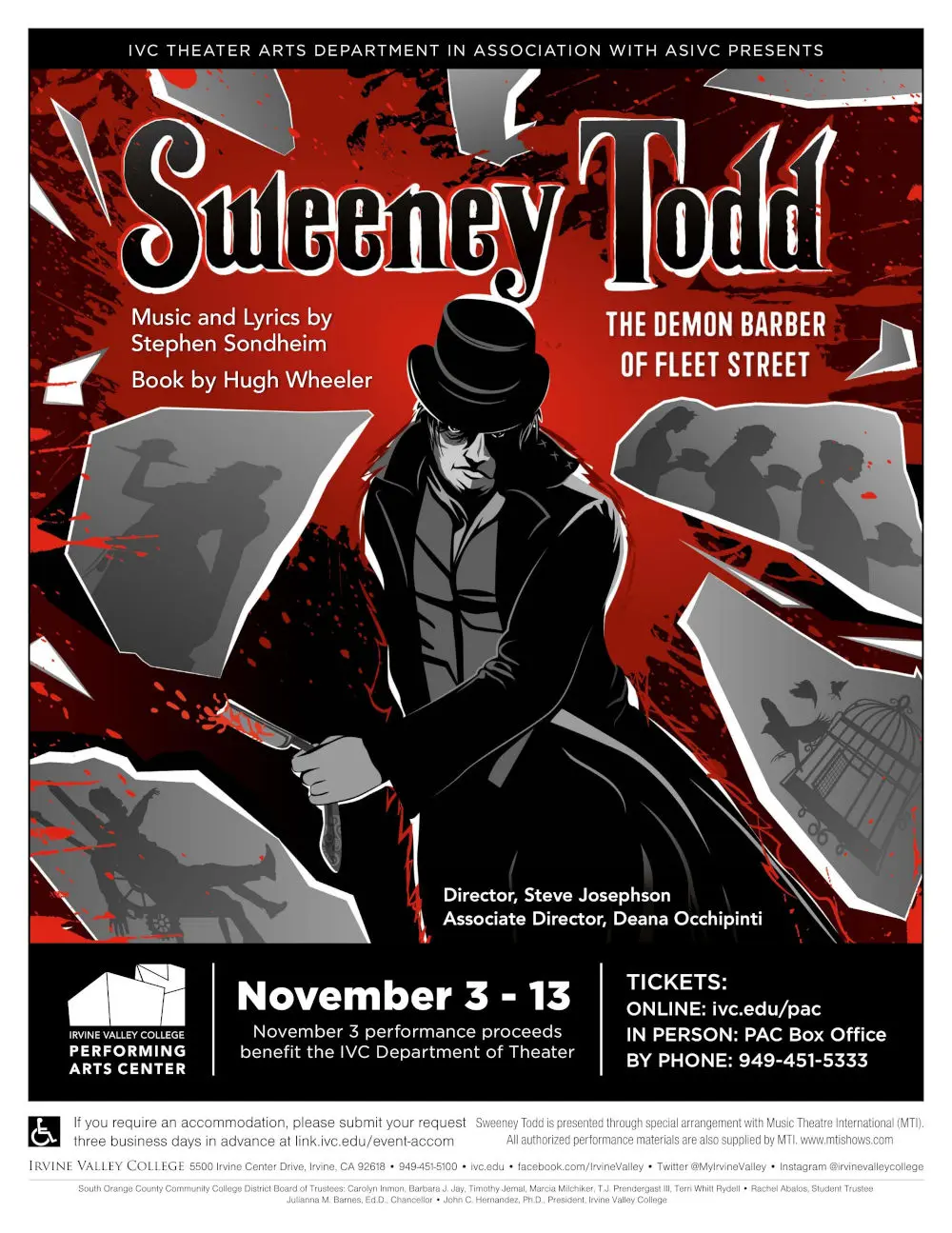 Flyer for Sweeney Todd (2022) at Irvine Valley College Performing Arts Center.